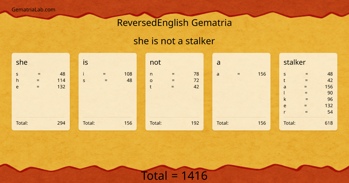 she is not a stalker in reversedEnglish Gematria